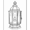 A detailed line drawing of an ornate lantern with glass panels and a candle inside.