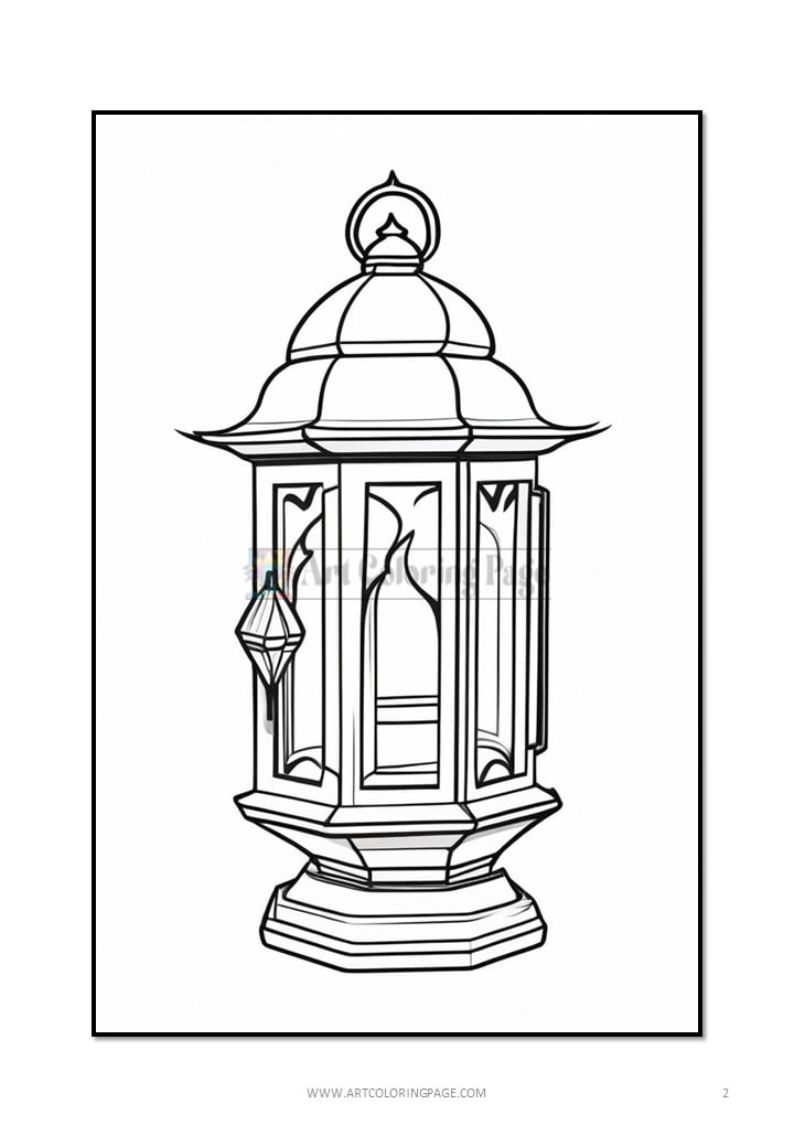A decorative lantern with intricate designs and a pointed top, outlined for coloring.
