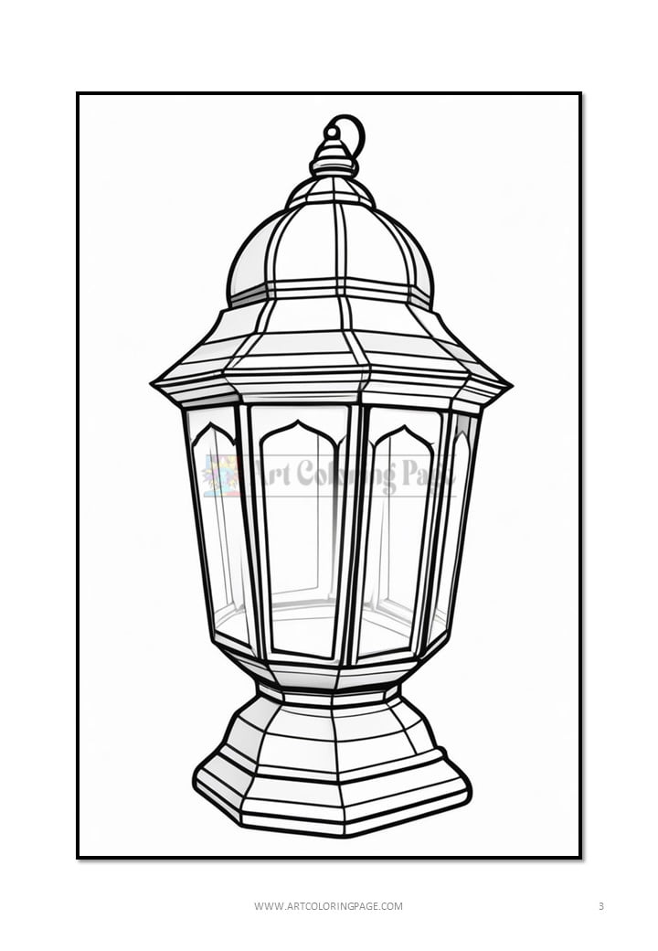 A decorative lantern with ornate detailing and multiple glass panels, outlined in black for coloring.