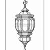 A decorative lantern with intricate designs, featuring a crescent moon on top and a teardrop-shaped hanging detail.