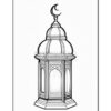 A detailed outline of a decorative lantern with a crescent moon atop, featuring ornate window designs.