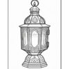 A detailed black and white illustration of a decorative lantern with ornate designs.