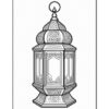 A detailed line drawing of a decorative lantern with intricate patterns and a pointed top.