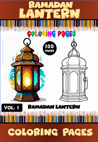 Coloring page featuring a decorated Ramadan lantern on the left and a blank outline version on the right, with colorful pencils in the background.