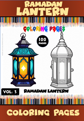 A colorful cover featuring two Ramadan lanterns, one illustrated in vibrant colors and the other in a black and white outline for coloring. The title reads 'Ramadan Lantern' with a subtitle 'Coloring Pages' and '100 Pages', along with 'Vol. 3' prominently displayed.