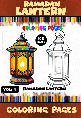 A coloring book cover featuring a decorative Ramadan lantern. The left side shows a colored illustration of the lantern with vibrant patterns, while the right side presents a black-and-white outline version for coloring. The title reads 'Ramadan Lantern Coloring Pages' and indicates 'Volume 4' with a note of '100 Pages' at the top.