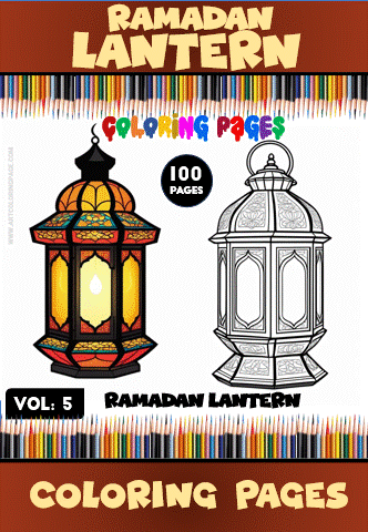 A cover page for a coloring book featuring Ramadan lanterns, showcasing one colorful lantern on the left and a black and white outline of a similar lantern on the right. The title reads 'Ramadan Lantern Coloring Pages' with 'Vol. 5' in the corner and colorful pencil illustrations along the top.