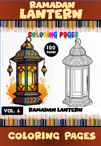 A cover for a coloring book featuring a Ramadan lantern design. One side shows a brightly colored, ornate lantern, while the other side displays a black and white outline for coloring. The title includes 'Ramadan Lantern' and 'Coloring Pages' with a note of '100 Pages' and 'Vol. 6'.