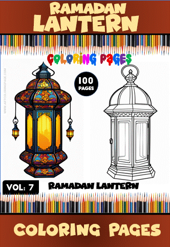 Cover of a coloring book featuring Ramadan lanterns; the left side shows a colorful, ornate lantern while the right side displays a black-and-white outline version for coloring, with the title 'Ramadan Lantern Coloring Pages' prominently displayed at the top.
