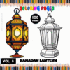A book cover for a coloring pages volume featuring Ramadan lanterns, with a colorful ornate lantern on the left and a black-and-white outline version on the right. The title reads 'Ramadan Lantern Coloring Pages' with '100 PAGES' prominently displayed.