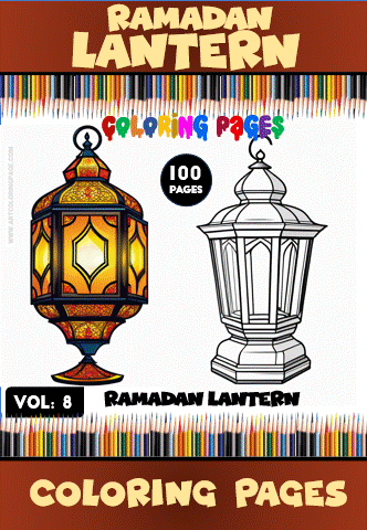 A book cover for a coloring pages volume featuring Ramadan lanterns, with a colorful ornate lantern on the left and a black-and-white outline version on the right. The title reads 'Ramadan Lantern Coloring Pages' with '100 PAGES' prominently displayed.