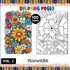 A vibrant illustration of colorful flowers alongside a black-and-white coloring page from the cozy coloring book series on artcoloringpage.com.