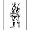 Deadpool is depicted in a bold, outlined style, showcasing his signature costume with katanas at his back.