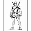 A black and white illustration of Deadpool, featuring his signature costume, mask, and weapons.
