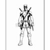 Black and white illustration of Deadpool, featuring his signature red and black costume, armed with swords and guns.