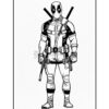 A line art illustration of Deadpool, showcasing his costume details and weapons.