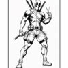 Line art illustration of Deadpool, a muscular character with swords on his back, holding a pair of scissors.