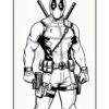 Deadpool, depicted in a bold black and white style, stands with swords and guns, ready for action.