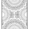 Intricate line art featuring a symmetrical design of sunbursts in various sizes, ready for coloring.