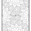 A black and white line art illustration featuring intricate, overlapping leaves and flowers in a repeating pattern.