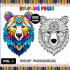 Colorful bear mandalas featuring intricate designs, available on artcoloringpage.com as part of a free coloring book with 100 pages.