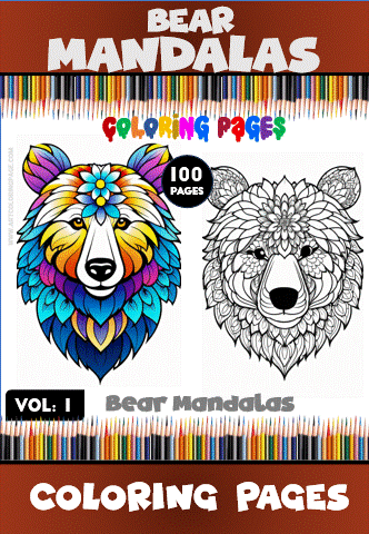 Colorful bear mandalas featuring intricate designs, available on artcoloringpage.com as part of a free coloring book with 100 pages.