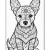 A detailed black and white illustration of a dog adorned with floral patterns, sitting and facing forward.
