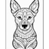 A detailed coloring page illustration of a dog's head, featuring intricate patterns and floral motifs.