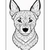 A detailed black and white illustration of a dog's face, adorned with intricate floral patterns.