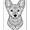 A detailed line drawing of a stylized dog's face, featuring intricate patterns and designs in a coloring book style.