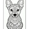 Black and white mandala-style illustration of a dog's face, featuring intricate patterns and floral elements.