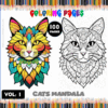 Colorful cat mandala design alongside a black and white outline, promoting free coloring pages from artcoloringpage.com.