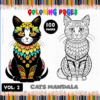 Coloring page featuring decorative cat mandalas, promoting artcoloringpage.com with 100 pages of free coloring pages in a coloring book format.