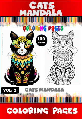 Coloring page featuring decorative cat mandalas, promoting artcoloringpage.com with 100 pages of free coloring pages in a coloring book format.