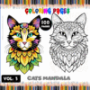 Coloring book page featuring two detailed cat mandalas, promoting free coloring pages from artcoloringpage.com, Volume 3.