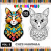 Two intricate cat mandala coloring pages from a coloring book featuring colorful and detailed designs, highlighting free coloring pages available at artcoloringpage.com.