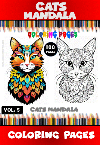 Two intricate cat mandala coloring pages from a coloring book featuring colorful and detailed designs, highlighting free coloring pages available at artcoloringpage.com.