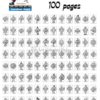 A collection of 100 black and white coloring pages featuring various cartoonish characters, designs, and patterns.