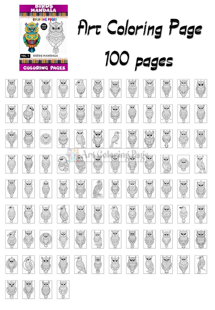 A collection of 100 black and white mandala-style bird coloring pages featuring various bird illustrations.