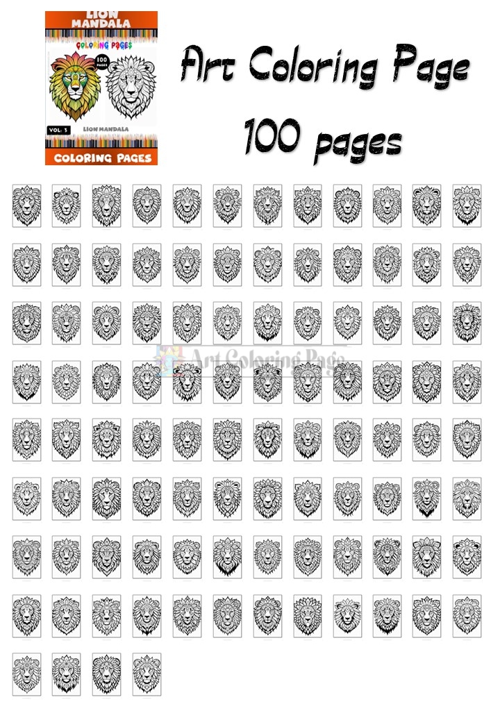 A grid of 100 unique lion-themed coloring pages featuring intricate designs, suitable for art and relaxation.