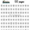 A collection of 100 black and white coloring pages featuring various cartoon animal faces with decorative elements.