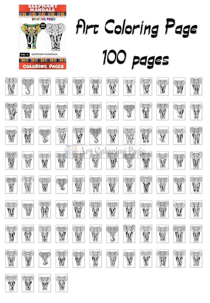 A grid of 100 elephant coloring pages featuring detailed line art illustrations of elephants, suitable for coloring activities.