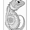 A detailed black-and-white drawing of a reptile with intricate floral patterns and designs surrounding it.