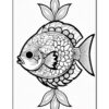 A detailed black and white coloring page of a decorative fish surrounded by leaf patterns.