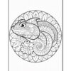 A detailed black and white coloring page featuring a chameleon surrounded by intricate floral designs.