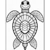A smiling turtle with intricate shell patterns featuring various geometric designs.