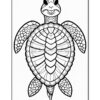 A detailed black and white illustration of a turtle with intricate patterns throughout its shell and flippers.