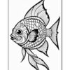 A detailed line drawing of a decorative fish with intricate patterns on its body and flowing fins.