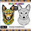 Two dog mandala designs featured in a coloring book, highlighting free coloring pages available at artcoloringpage.com.