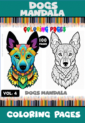 Coloring pages featuring intricate dog mandalas, promoting free coloring pages from artcoloringpage.com with 100 unique designs.